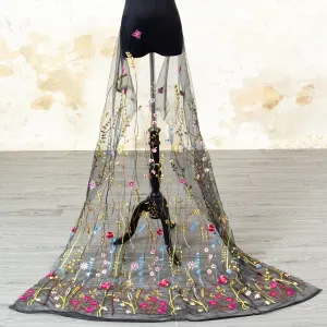 intricate yellow floral black mesh embroidery fabric