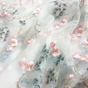 delicate pink wintersweet blossom embroiderey organza