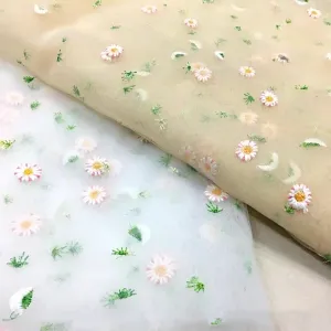 green leaves and daisy flowers embroidery tulle fabric