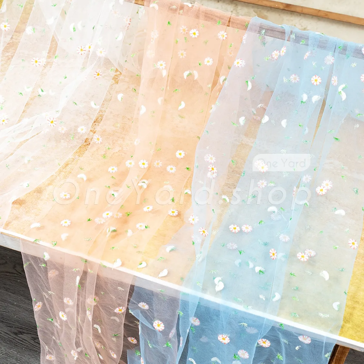 spring green leaves and daisy flowers mesh fabric