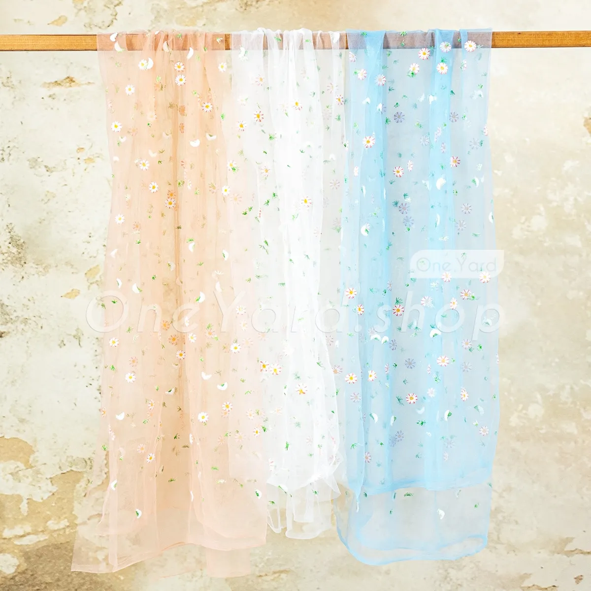 spring green leaves daisy flowers embroidery fabric