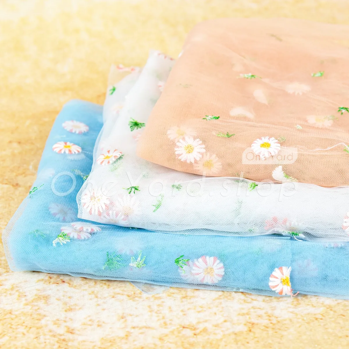 spring green leaves daisy flowers fabric