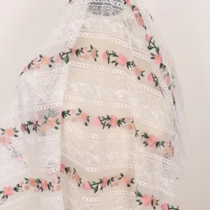 rows of pink flower green leaf embroidery lace fabric