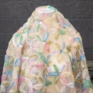 sequinned multi color 3d flower embroidery mesh fabric