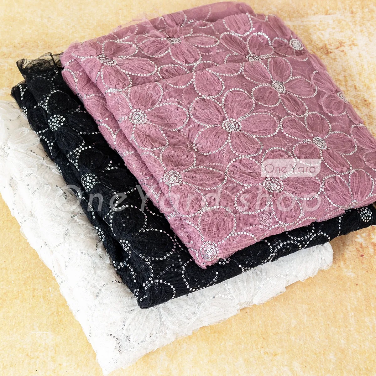 beautifully sequinned 3D flower tulle mesh fabric