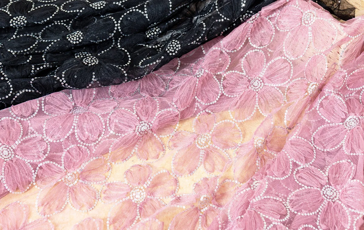 sequinned 3d flower tulle embroidery fabrics
