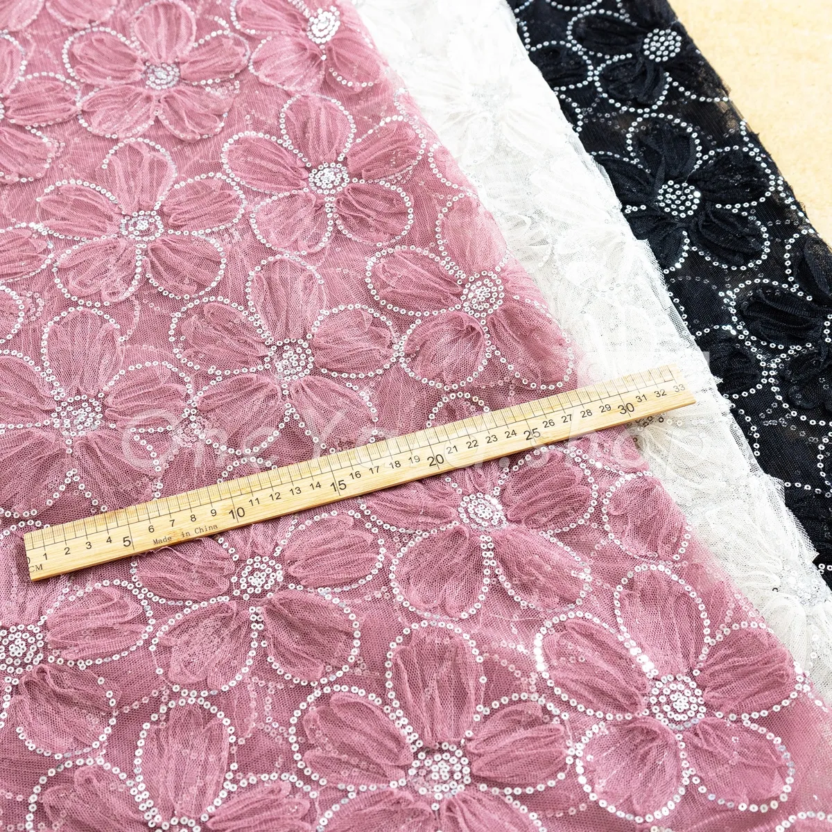 sequinned raised flower pattern tulle embroidery fabric