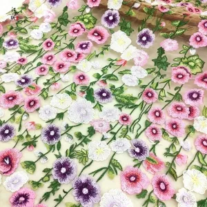 pink purple flowers and green vines embroidery lace fabric
