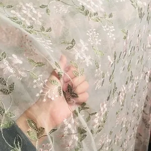 romantic pink floral and leafy motif embroidery fabric