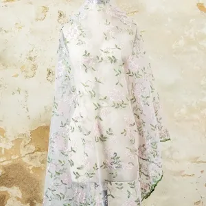 romantic pink floral green vine embroidery fabric