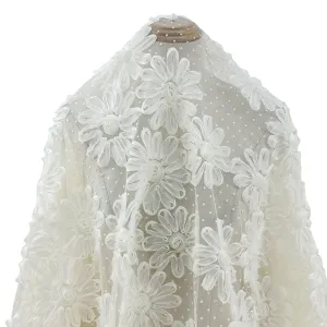 3d ribbon daisy flower embroidered dot mesh fabric