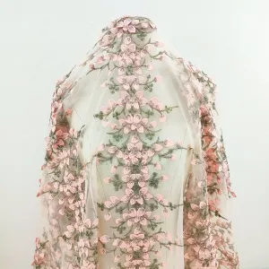 pink blossoms green stems embroidery fabric