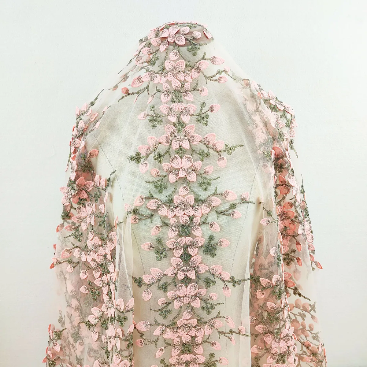 pink blossoms green stems embroidery fabric pink blossoms green stems embroidery fabric