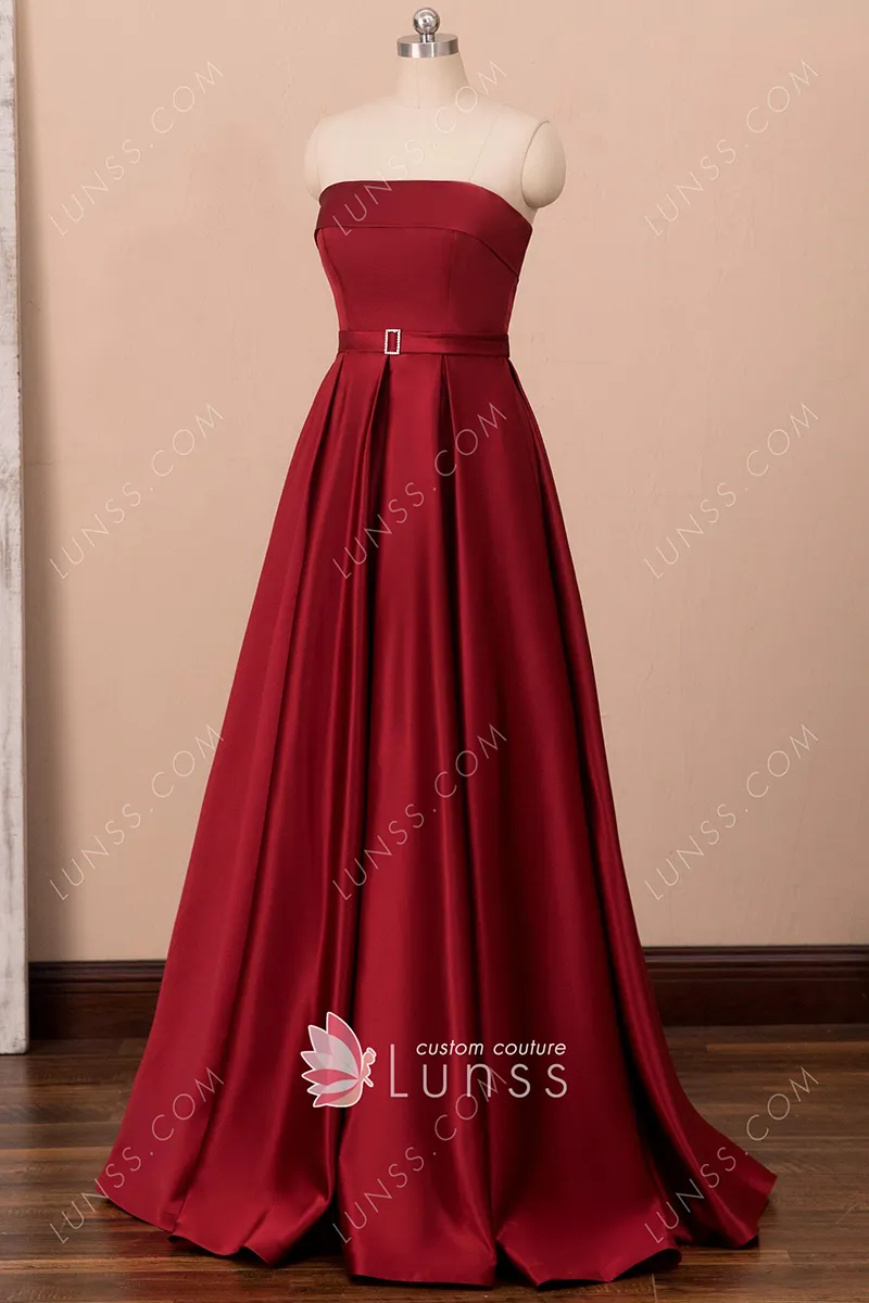 dark red satin strapless slit prom gown dark red satin strapless slit prom gown