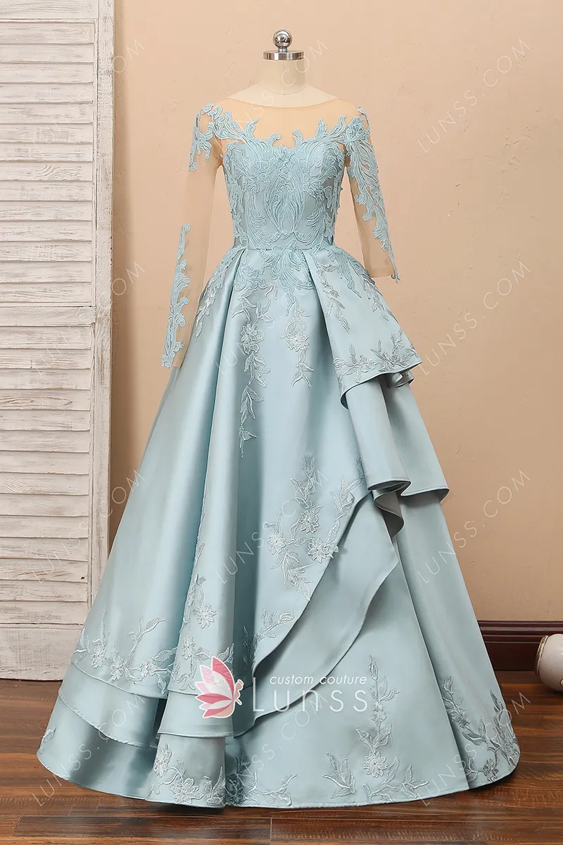 ice blue lace and satin layered prom gown ice blue lace and satin layered prom gown