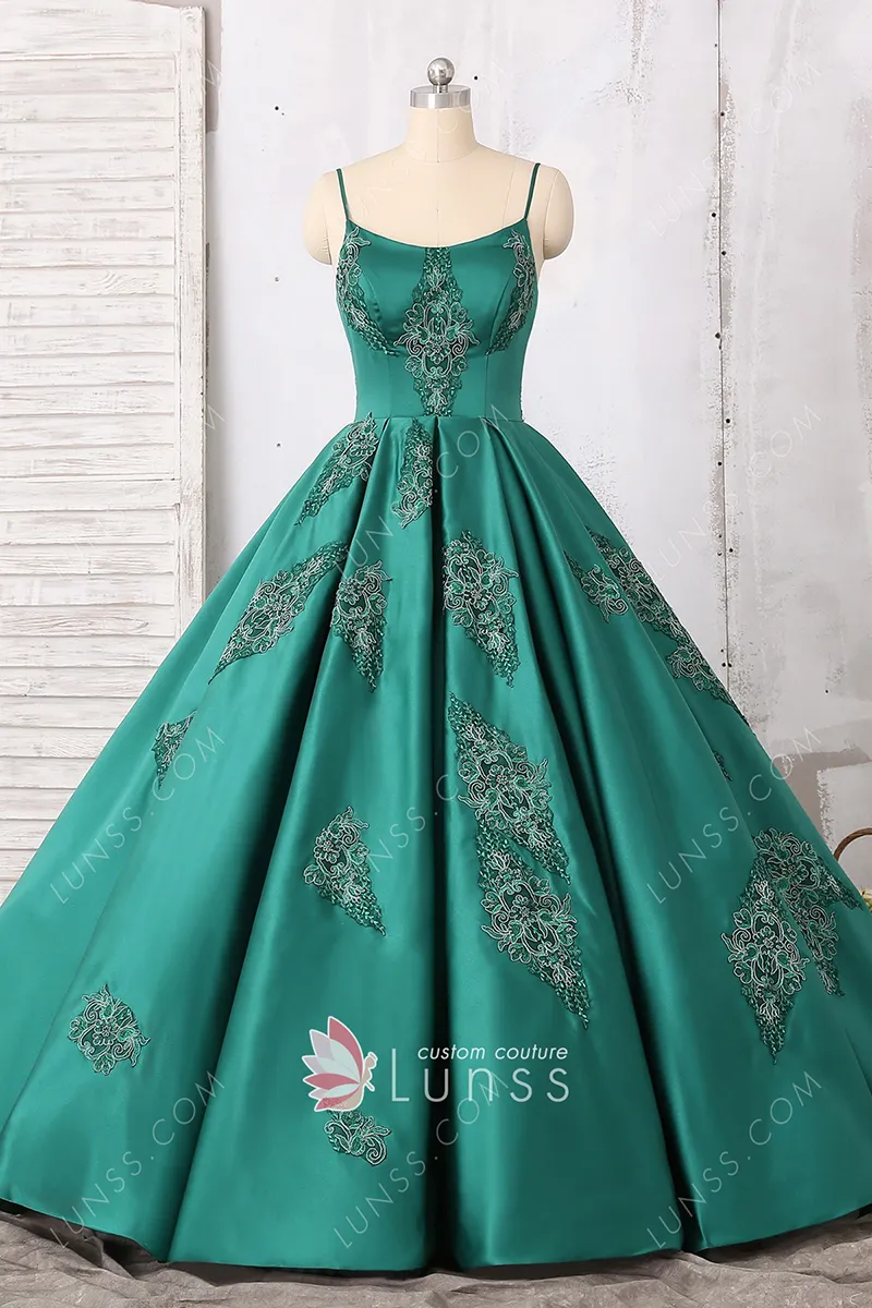 lace appliqued green satin ball gown lace appliqued green satin ball gown