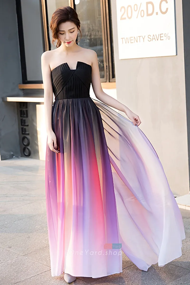 abito in chiffon ombre da nero a rosso e viola e bianco