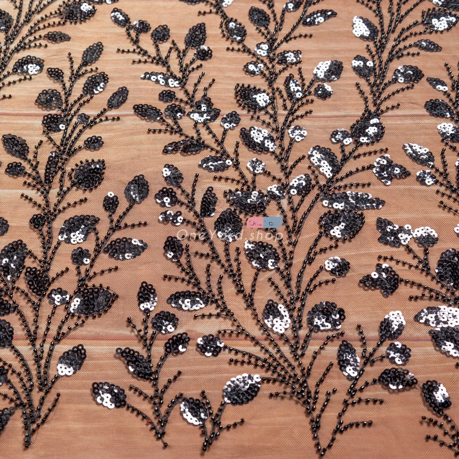 black bead sequin lace leaf pattern dressmaking fabric by the yard