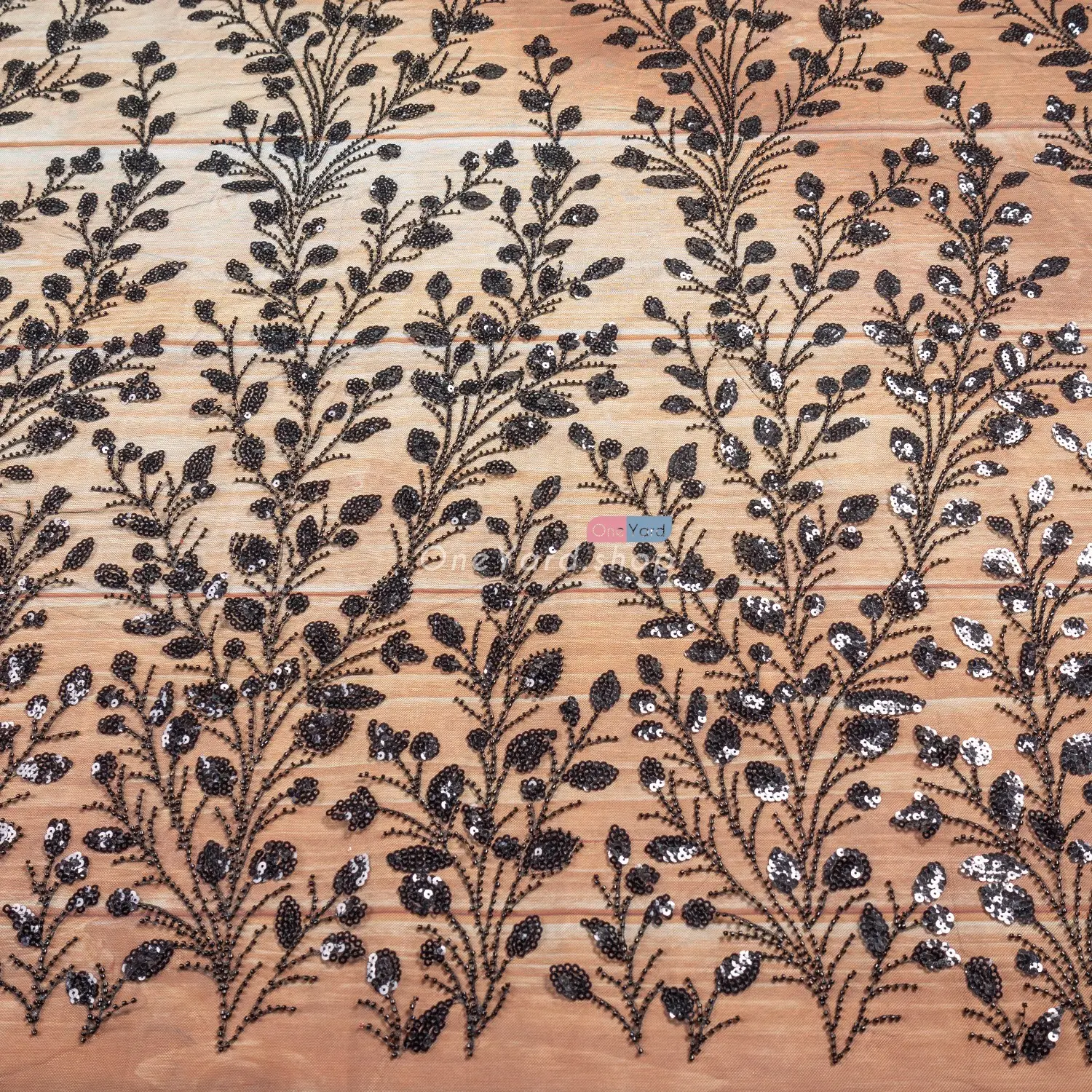 dazzling black bead sequin lace leaf pattern dressmaking fabric by the yard