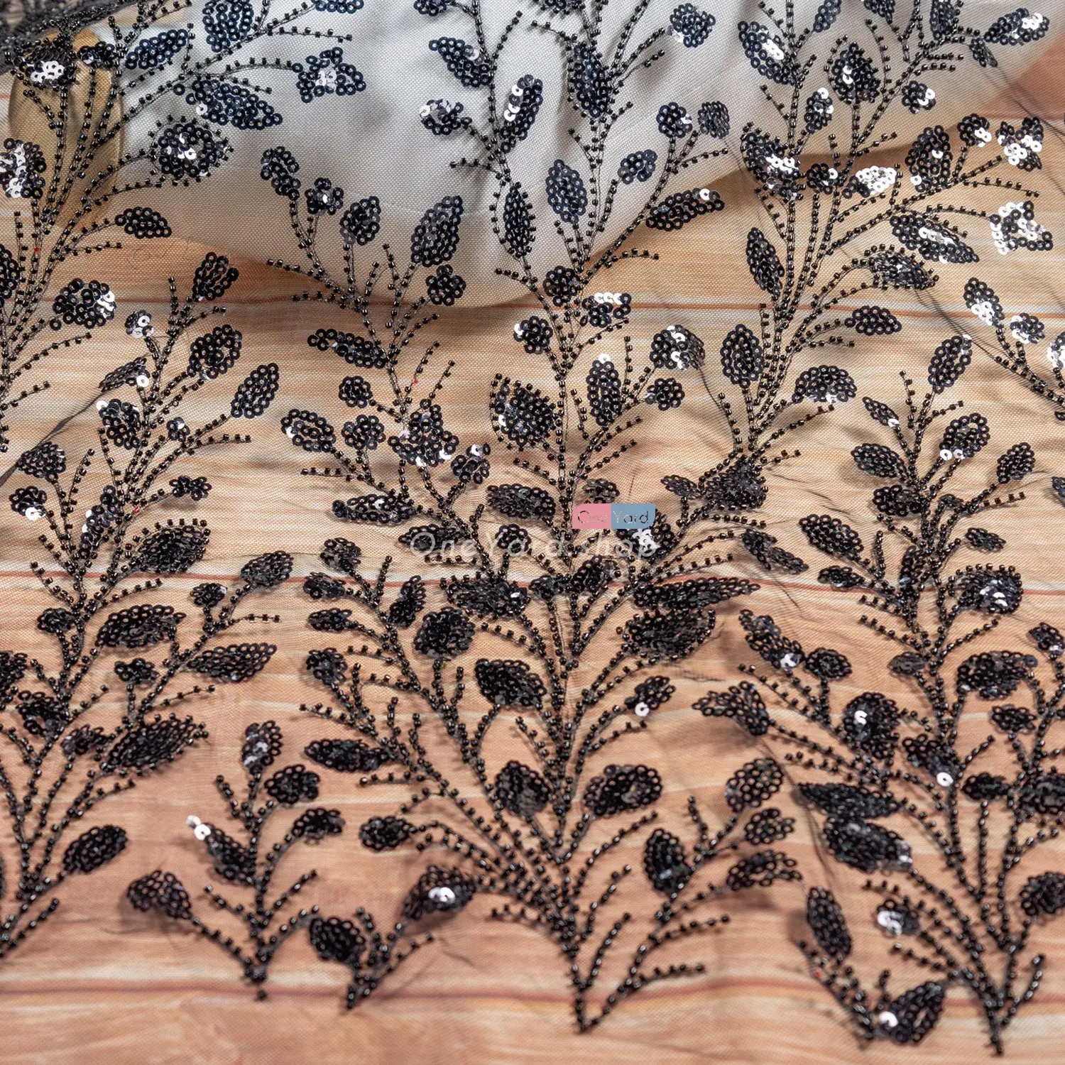 dazzling black bead sequin lace leaf pattern dressmaking fabric