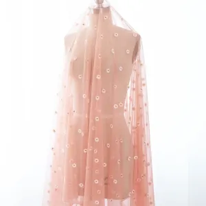 beautiful daisy flower embroidery dull pink orange mesh