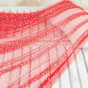 big small scattered white polka dotted red tulle mesh