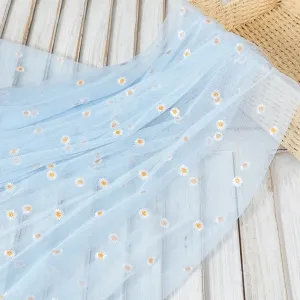 daisy flower embroidered light blue soft tulle fabric
