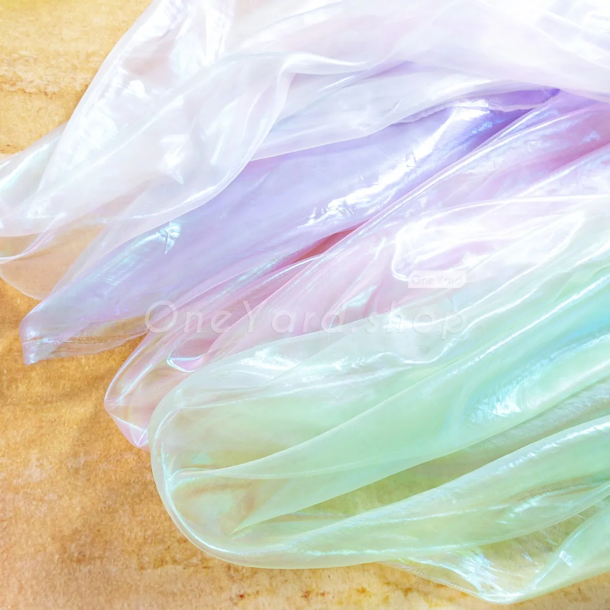 high shine pearlescent finish holographic organza