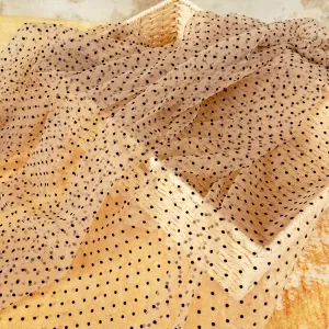black small dot flocked dark nude tulle mesh fabric