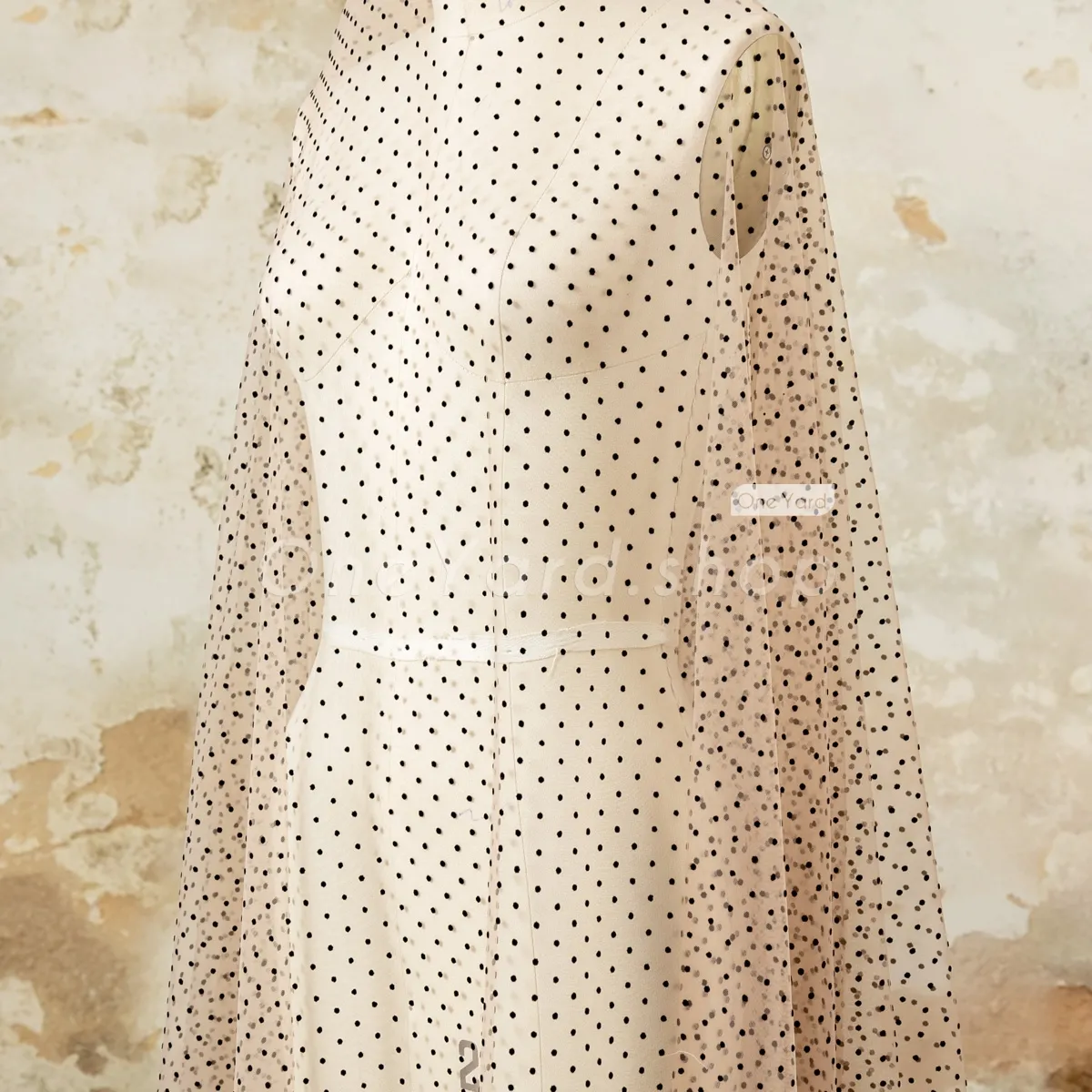 dark nude soft tulle fabric with black small velvet dots dark nude soft tulle fabric with black small velvet dots