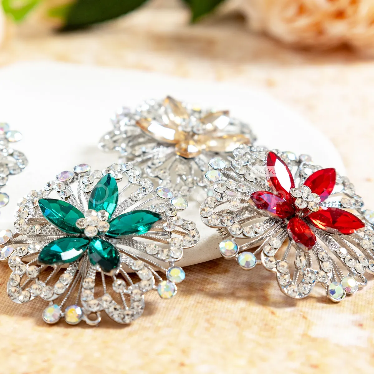 bright silver with colored rhinestone flowers bright silver with colored rhinestone flowers